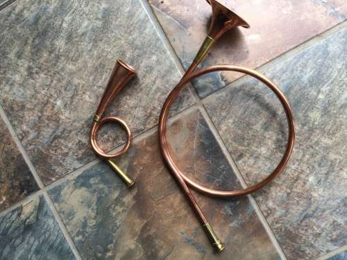 Pair of brass and copper hunter's horns